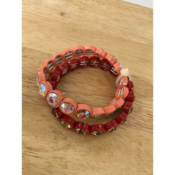 AB Rhinestone Red & Coral Stretch Bracelets Set of 2 Fashion Jewelry - Picture 6 of 9